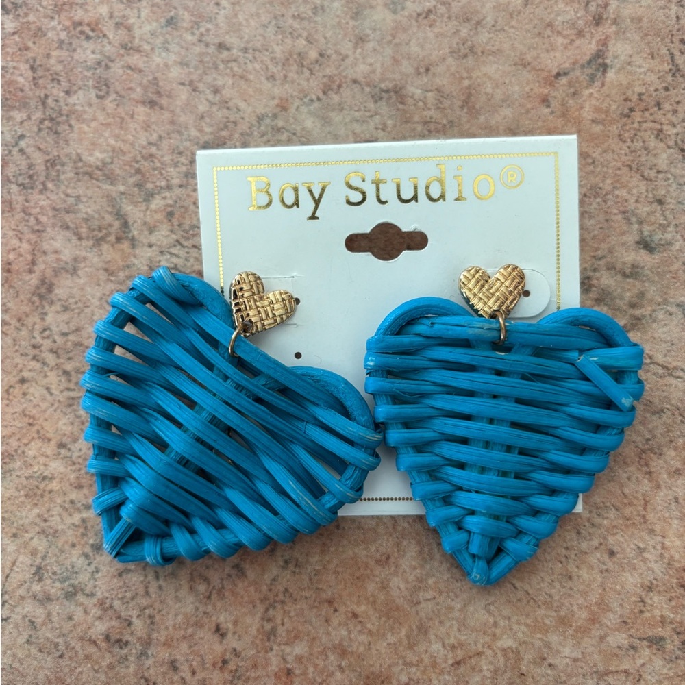 Nwt Bay Studio Turquoise Woven Wicker Heart Drop Earrings with Gold Hearts